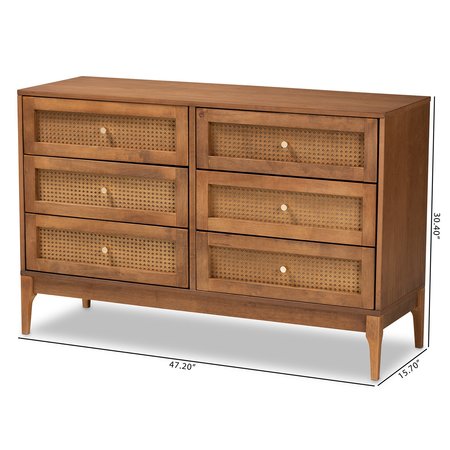 Baxton Studio Ramiel MidCentury Modern Ash Walnut Finished Wood and Rattan 6Drawer Dresser 215-12427-ZORO